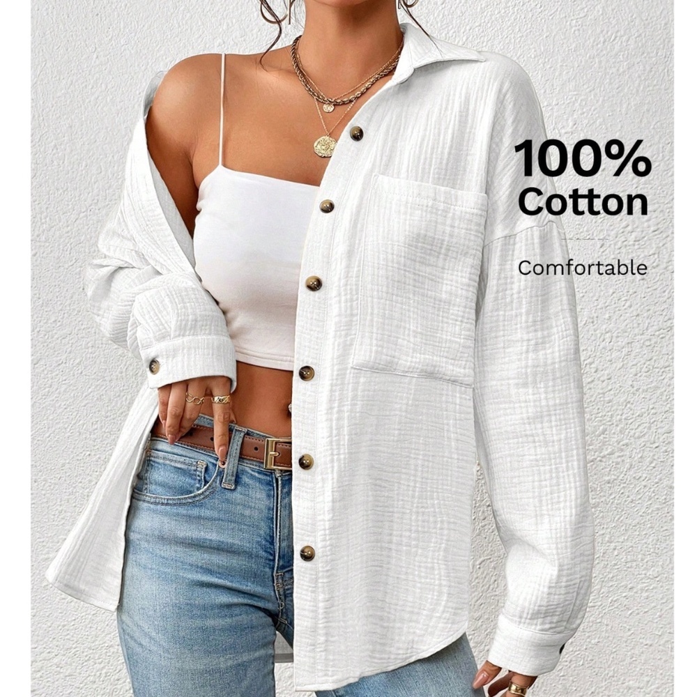 Cotton White Casual Shirt Button Down Up Long Sleeve